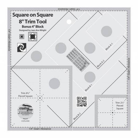 Square on Square 8" Trim Tool, Creative Grids CGRJAW8, Quilting Tool, Non-Slip Ruler, Snail's Trail Square in Square Ruler