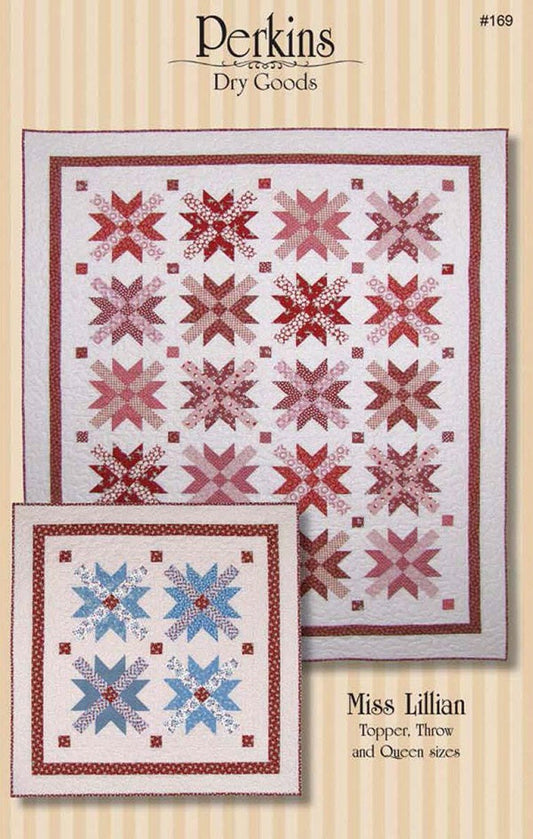 LAST CALL Miss Lillian Quilt Pattern, Perkins Dry Goods PDG169, Fat Quarter Eighths Friendly Star Table Topper Throw Queen Quilt Pattern