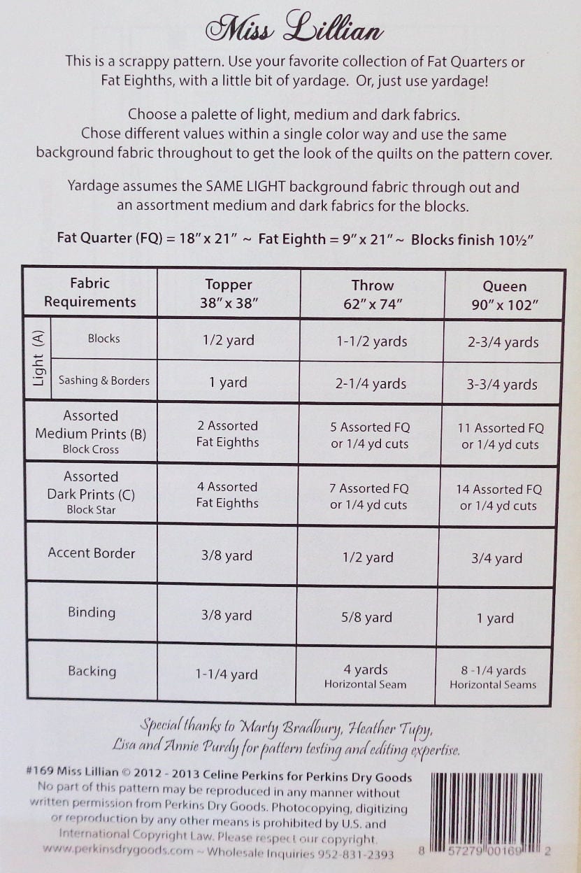 LAST CALL Miss Lillian Quilt Pattern, Perkins Dry Goods PDG169, Fat Quarter Eighths Friendly Star Table Topper Throw Queen Quilt Pattern