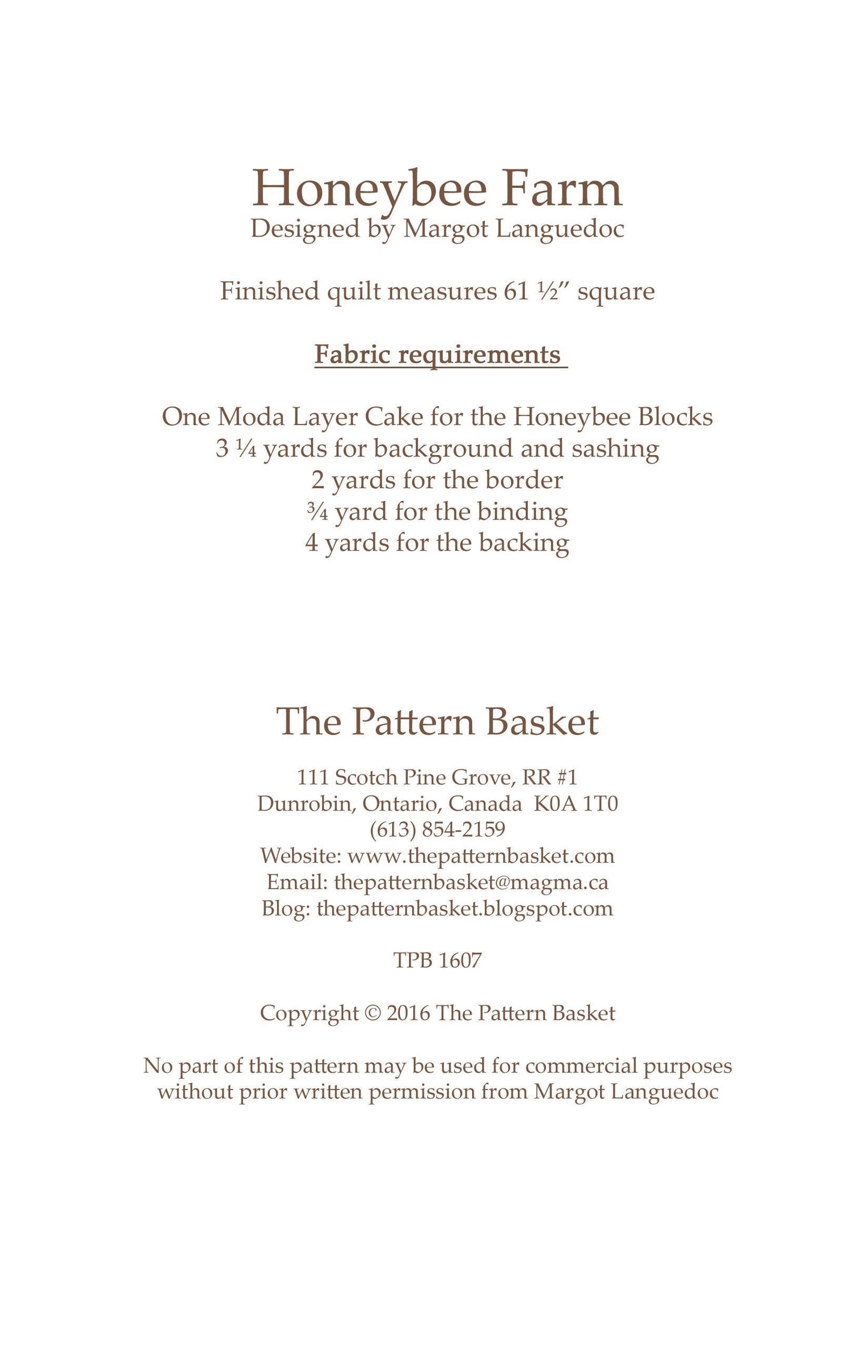 Honeybee Farm Quilt Pattern, The Pattern Basket TPB 1607, Layer Cake Friendly Square Throw Lap Quilt Pattern