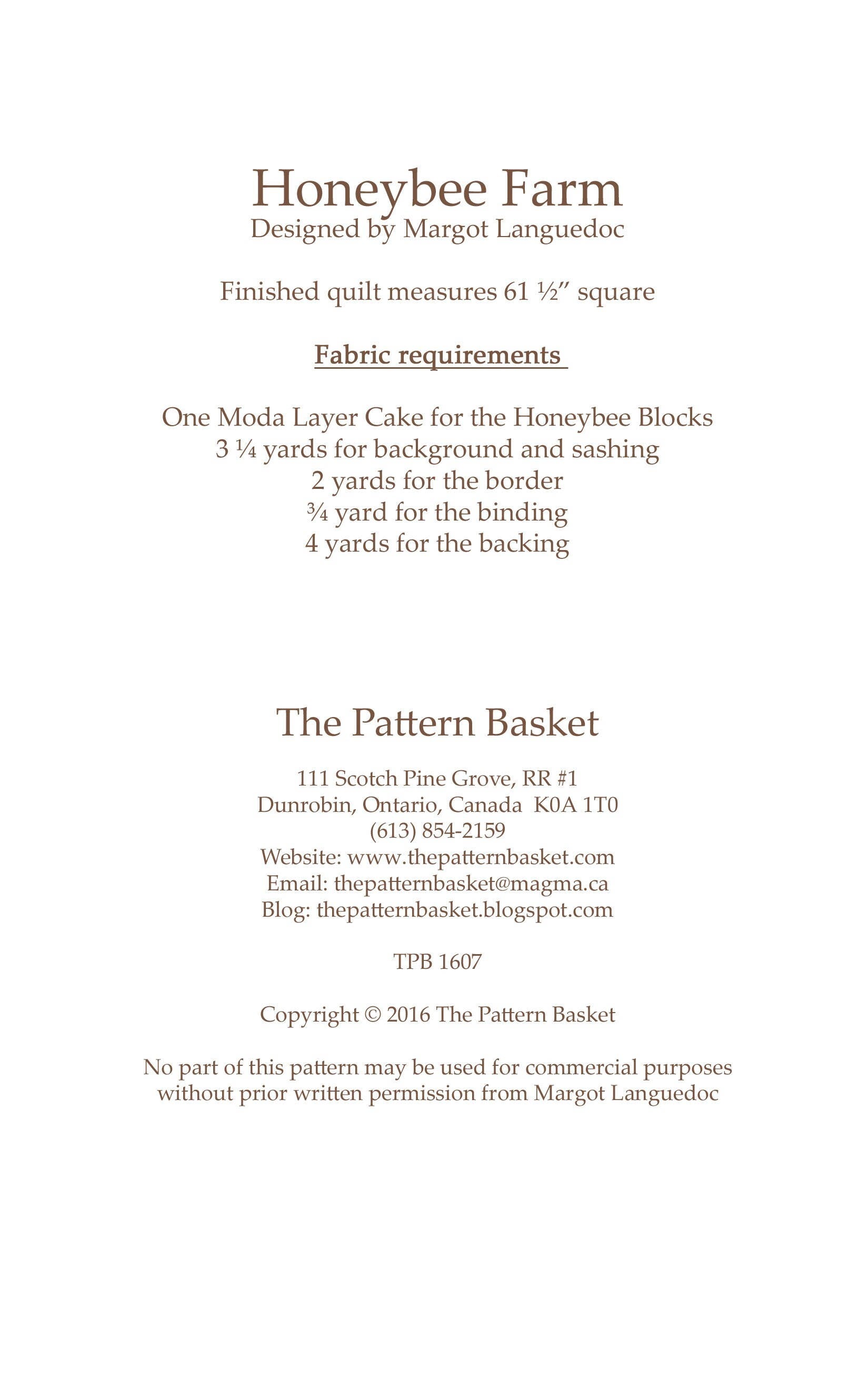 Honeybee Farm Quilt Pattern, The Pattern Basket TPB 1607, Layer Cake Friendly Square Throw Lap Quilt Pattern