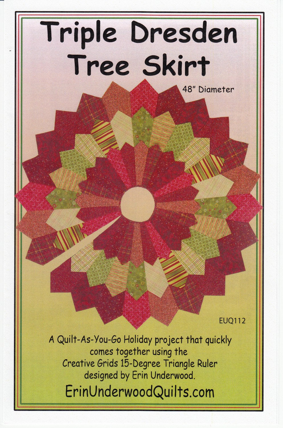 Triple Dresden Tree Skirt Pattern, Erin Underwood EUQ112, Christmas Tree Skirt Pattern, Quilt As You Go Pattern, Table Quilt Pattern