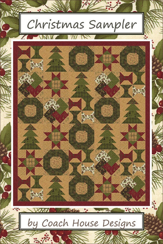 LAST CALL Christmas Sampler Quilt Pattern, Coach House Designs CHD1331, Christmas Xmas Trees Wreaths Bows Throw Quilt Pattern