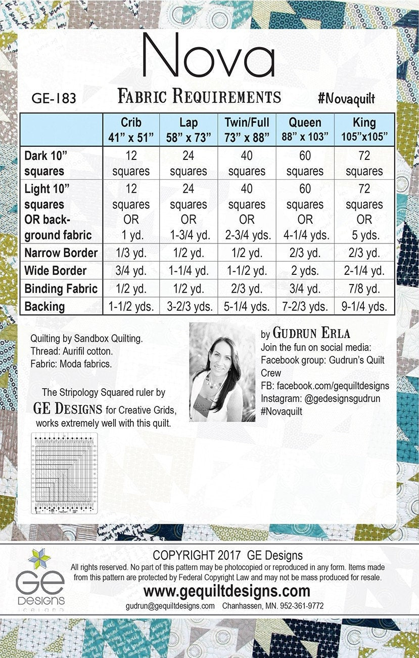 Nova Quilt Pattern, GE Designs GE183, Layer Cake Friendly, Stripology Squared Ruler Pattern, Modern Quilt Pattern