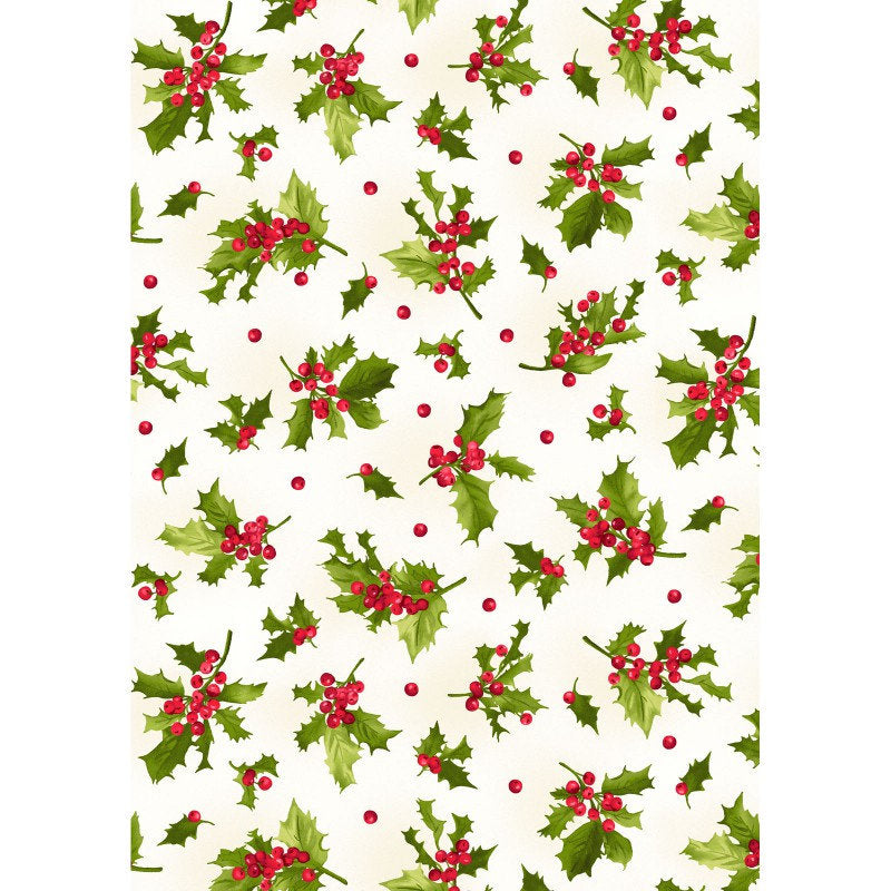 REMNANT 1 Yard 14" of Poinsettia and Pine - Holly and Berries on Cream Fabric, Maywood Studio MAS9123-E, Christmas Holly Fabric