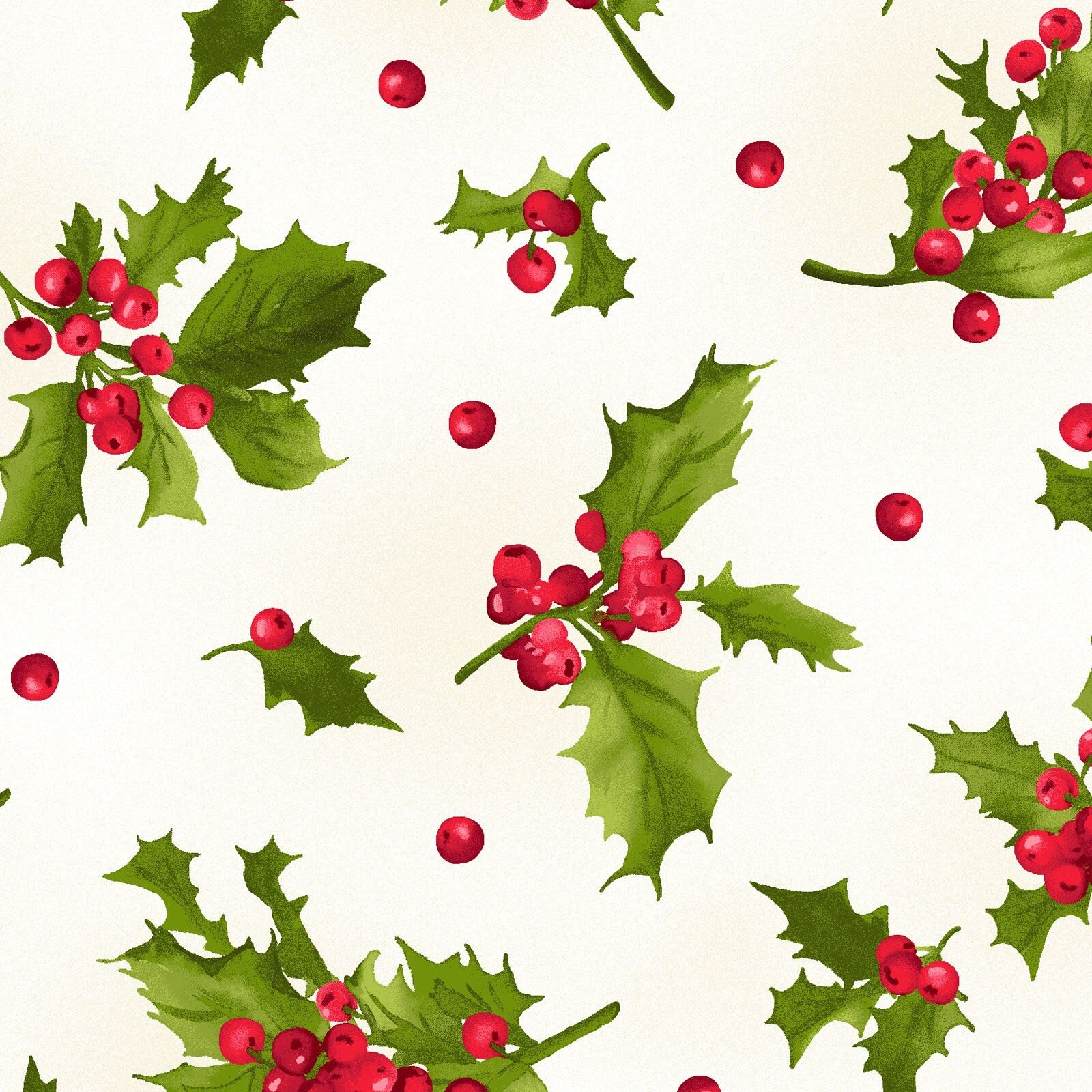REMNANT 1 Yard 14" of Poinsettia and Pine - Holly and Berries on Cream Fabric, Maywood Studio MAS9123-E, Christmas Holly Fabric