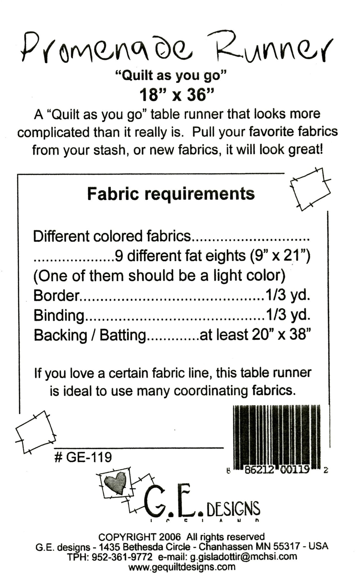 LAST CALL Promenade Runner Pattern, GE Designs GE119, F8 Fat Eighths Friendly Quilt As You Go Table Runner Pattern