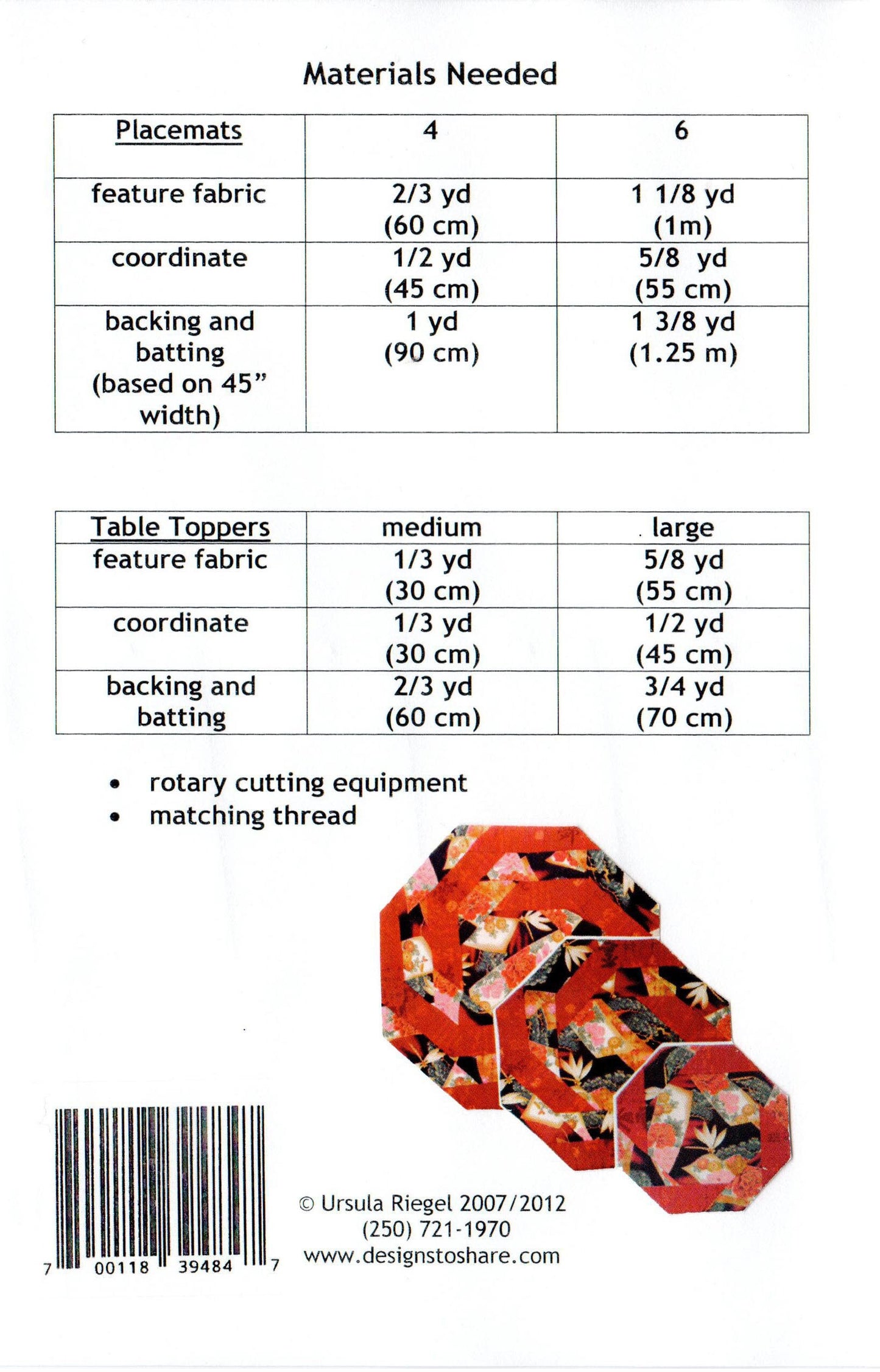 Spirals Table Topper and Place Mats Quilt Pattern, Designs to Share with You DSY152, Quilted Tablecloth and Placemats Pattern