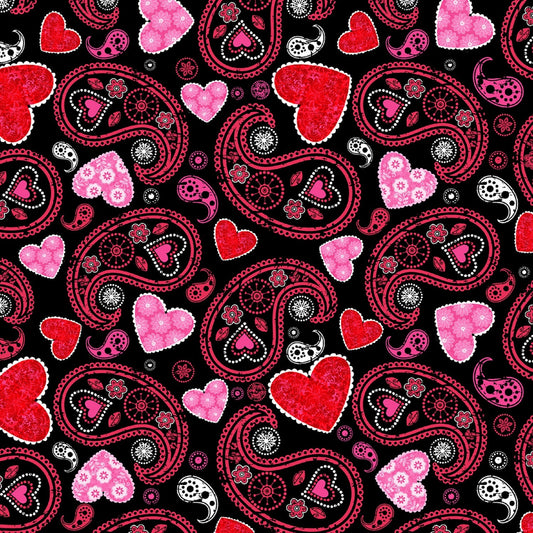 Hearts of Love - Black Paisley Hearts Fabric, Studio E 4378S-99, Valentine's Day Fabric, Sharla Fults, By the Yard
