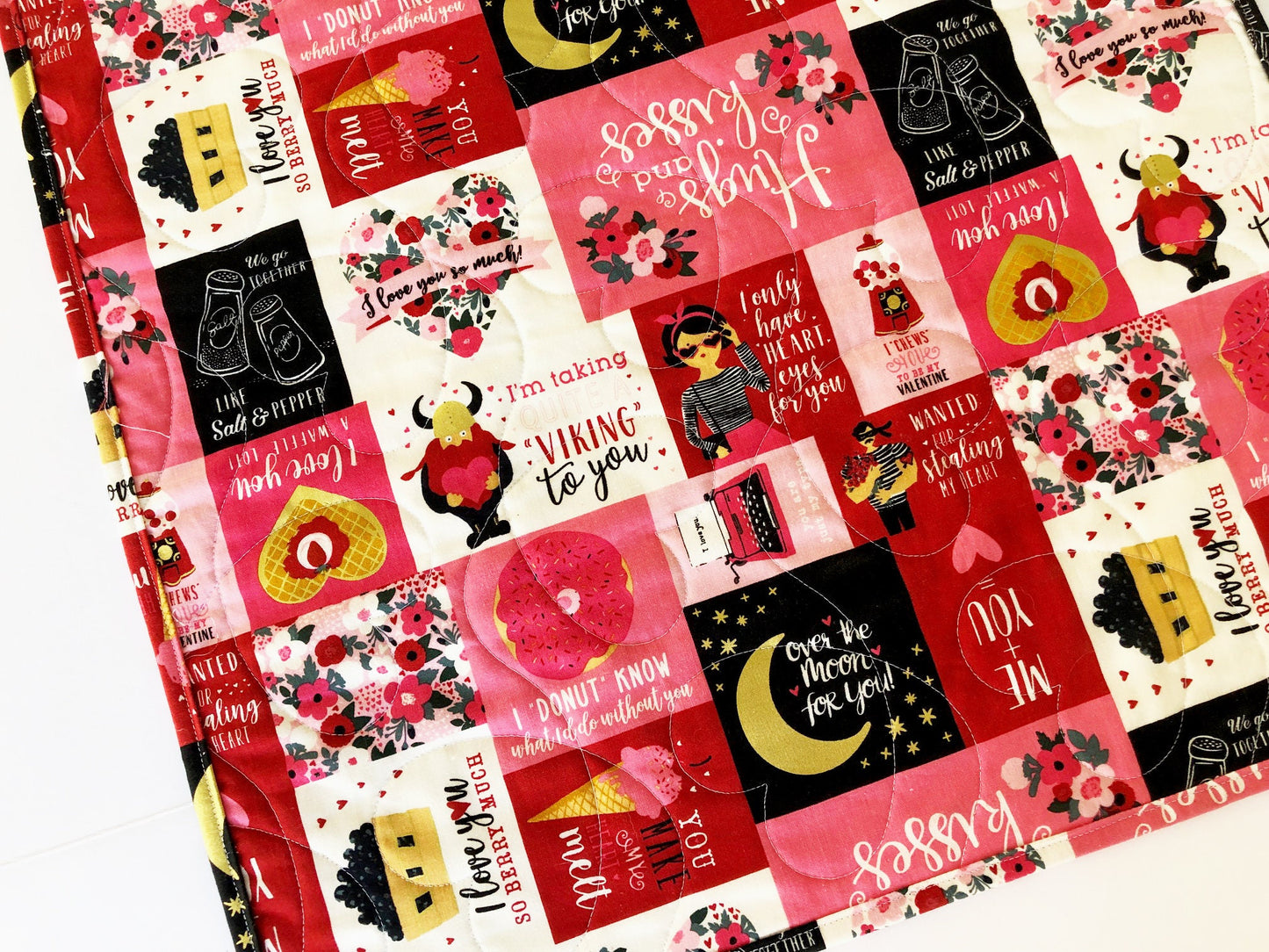 Valentine's Day Quilted Table Runner, 20" x 52.25", Valentine's Day Decor Table Quilt, Valentines Patchwork Table Runner, Hello Sweetheart