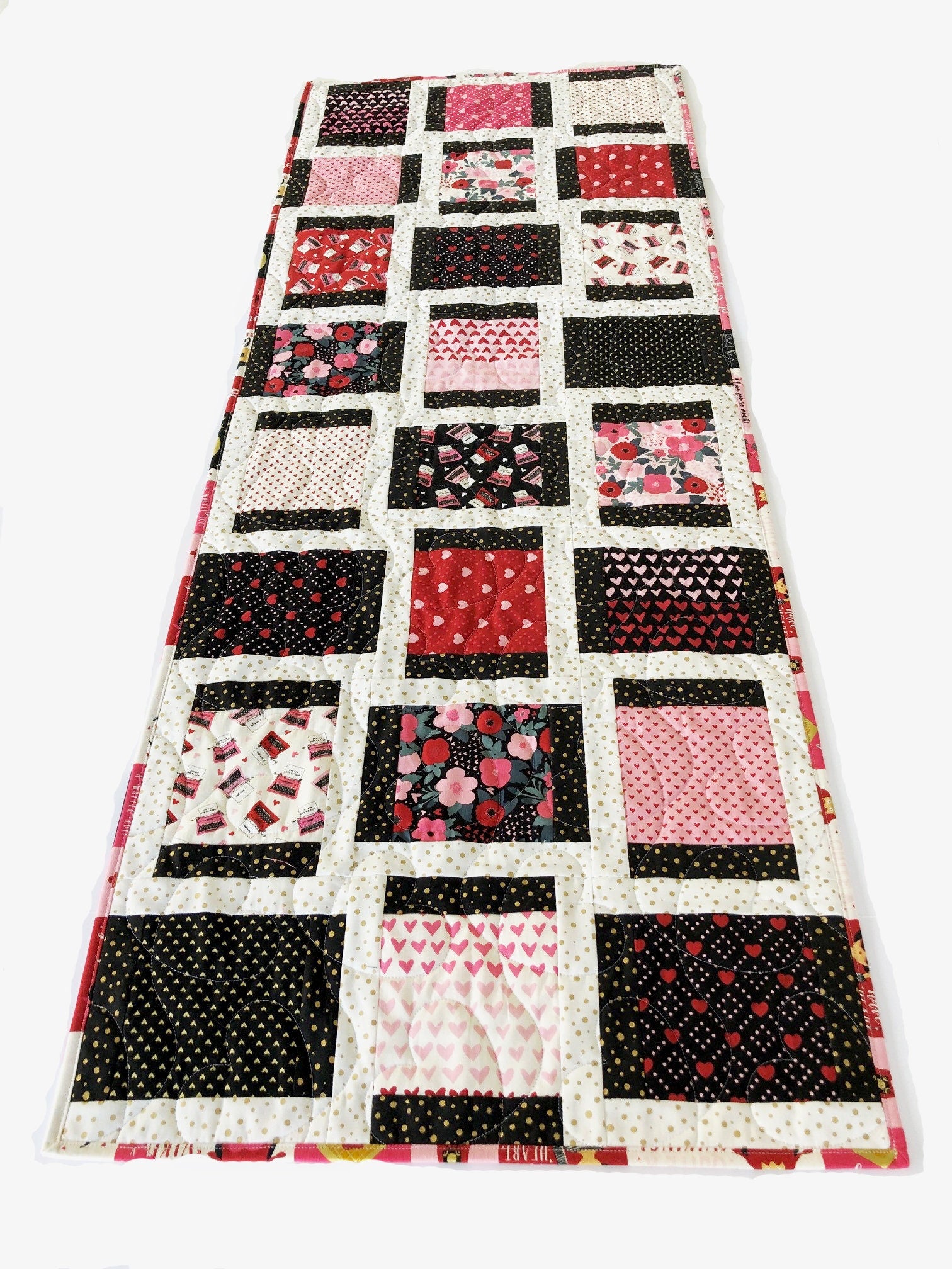 Valentine's Day Quilted Table Runner, 20" x 52.25", Valentine's Day Decor Table Quilt, Valentines Patchwork Table Runner, Hello Sweetheart