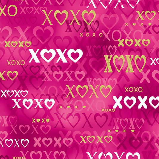 REMNANT 33" of Cherish - Geo Pink Gold XOXO Valentine Fabric, Kanvas 8962MB-20, Hot Pink Hugs and Kisses with Gold Metallic Fabric