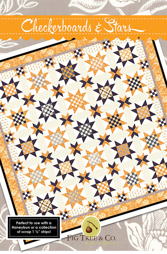 Checkerboards and Stars Quilt Pattern, Fig Tree Quilts FTQ1466, Honeybun Friendly, Modern Star Throw Quilt Pattern, Joanna Figueroa
