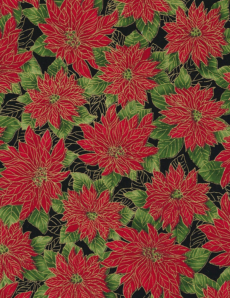 LAST CALL Merry and Bright - Christmas Xmas Poinsettia on Black Fabric, Timeless Treasures Holiday-CM7063 Black, Gold Metallic, By the Yard
