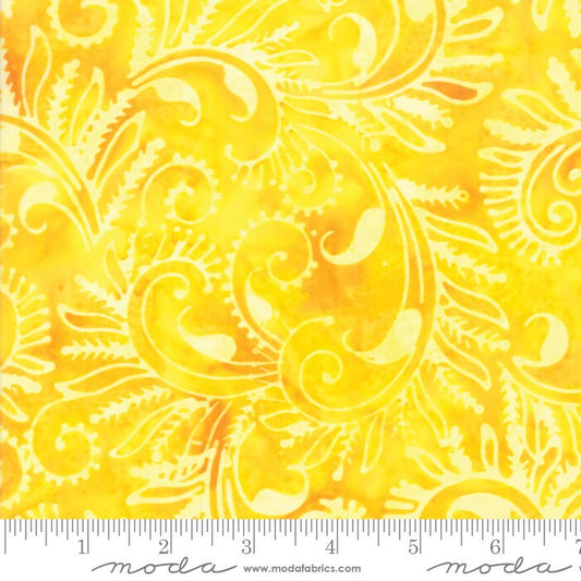 Bahama Batiks - Sunshine Yellow Tonal Batik Fabric,, Moda 4352 21, Leafy Swirls Feathers Yellow Batik Blender Fabric, By the Yard