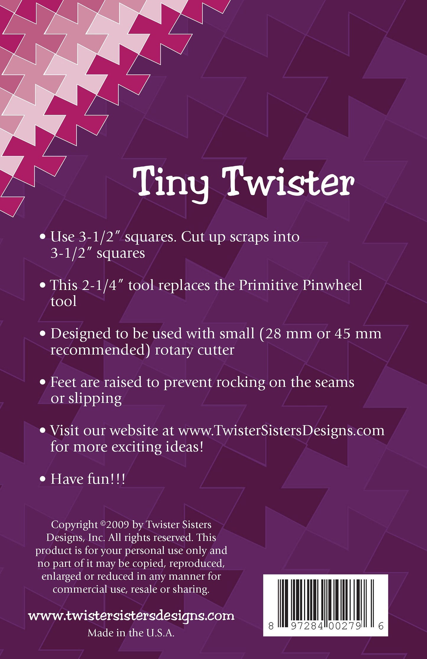 Tiny Twister Tool for 3.5" Inch Squares, Twister Sisters TINYTW35, Quilter's Twister Template, Scrap Treat Squares Friendly