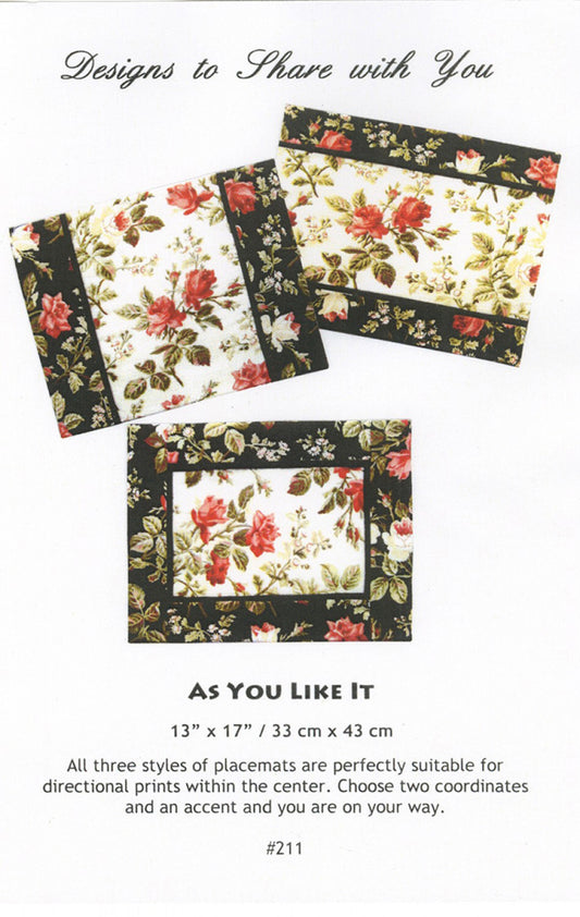 As You Like It Place Mats Placemats Pattern, Designs to Share With You DSY211, Quilted Place Mat Pattern, Easy Quilted Table Mats