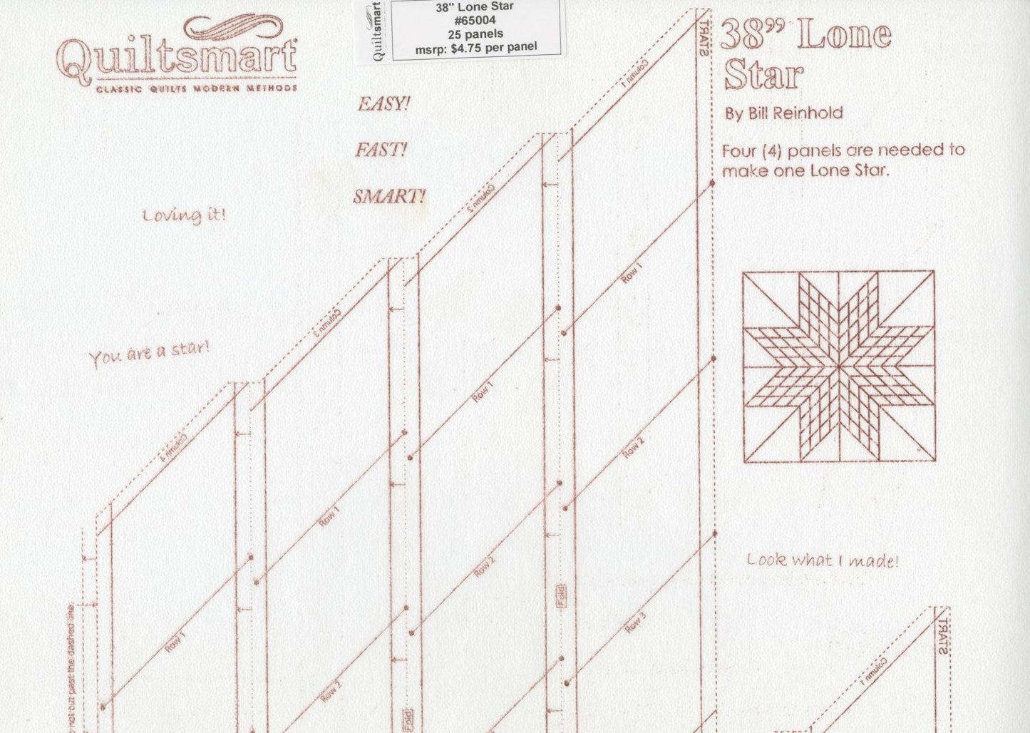 38" Lone Star TWO Points Interfacing Refill Panel, Quiltsmart QS 65004, ReAD DESCRIPTION, Printed Fusible Interfacing