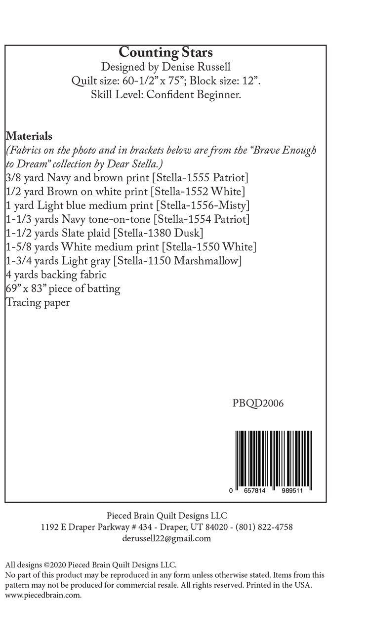 LAST CALL Counting Stars Quilt Pattern, Pieced Brain Quilt Designs PBQD2006, Yardage Friendly Star Throw Quilt Pattern, Denise Russell
