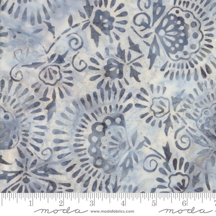 Santorini Batiks - Blue Gray Neutral Floral Batik Fabric, Moda 4355 46, By the Yard