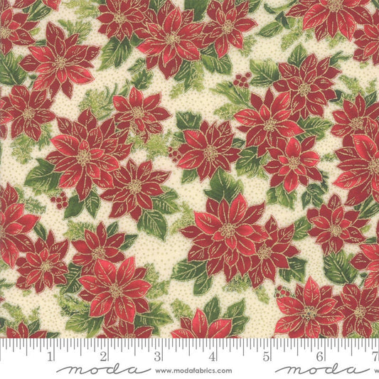 REMNANT 28" of Poinsettias and Pine - Poinsettias on Cream Christmas Gold Metallic Fabric, Moda 33513 11M, Cream Floral Xmas Fabric