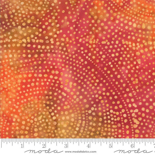 Santorini Batiks - Sunset Orange Red Firey Batik Fabric, Moda 4355 35, Warm Tones Swirling Dots Geometric Batiks, By the Yard