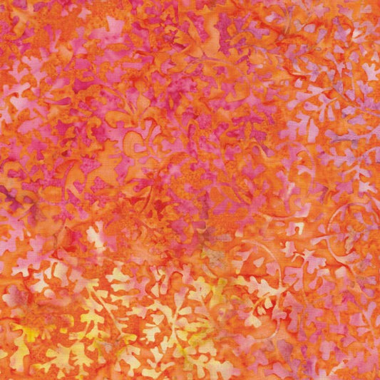 Batik Basics - Orange Pink Leaf Vine Batik Fabric, Island Batik BE18-C1 Nasturtium, Orange Pink Yellow Leaves Batiks, By the Yard