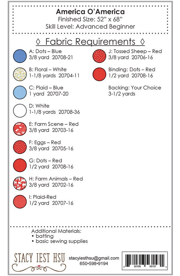 LAST CALL America O America Quilt Pattern, Stacy Iest Hsu SIH044, Patriotic American Flag Quilt Pattern, Patterns for Yardage