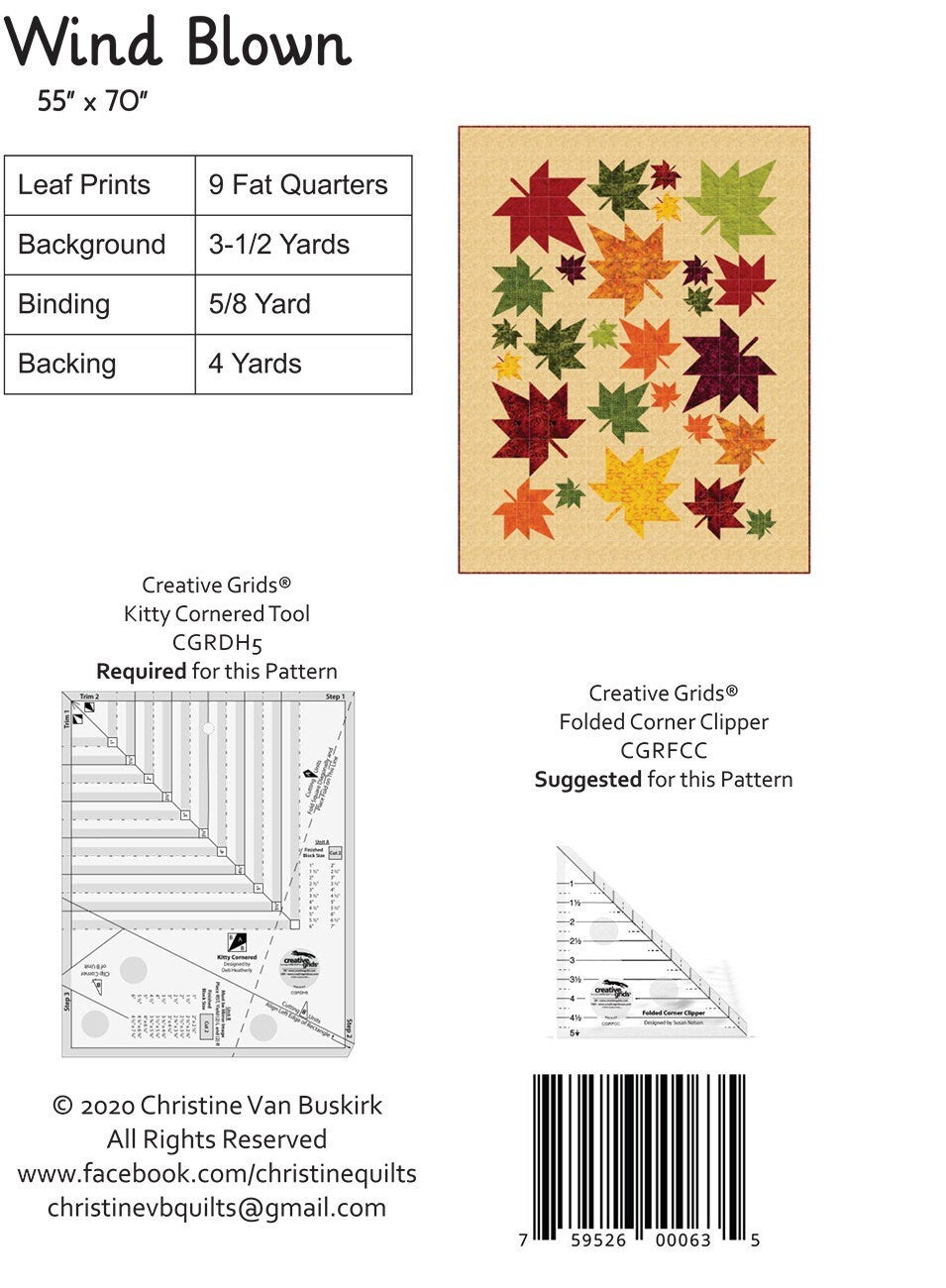 Wind Blown Quilt Pattern, Christine Quilts CQ013, Fat Quarter FQ Friendly Pattern, Autumn Fall Leaves Quilt, Leaf Throw Quilt Pattern