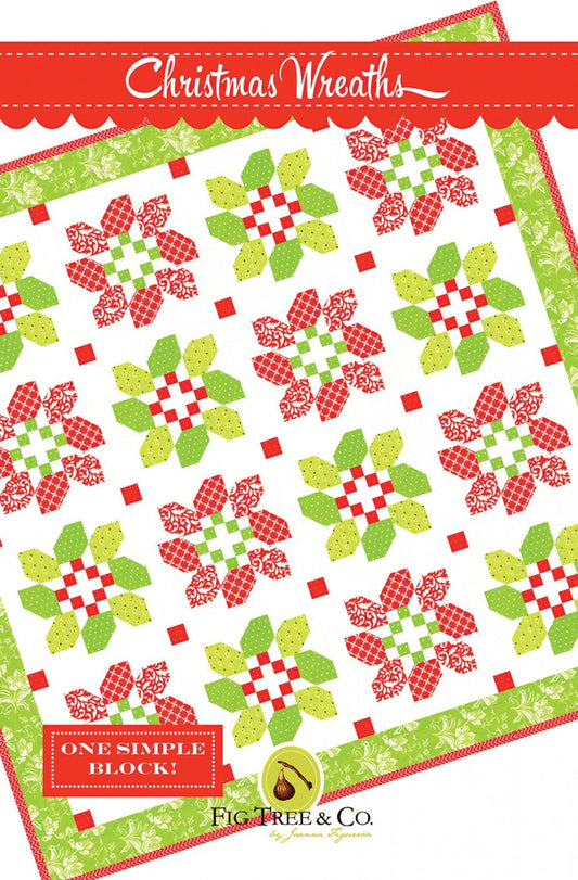 Christmas Wreaths Quilt Pattern, Fig Tree Quilts FTQ1604, Christmas Xmas Wreath Throw Lap Quilt, Holiday Quilt Pattern, Christmas Decor