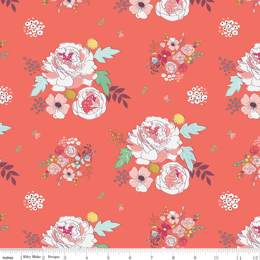 LAST CALL Idyllic Rolie Polie, Riley Blake RP-9880-40, Precut 2.5" Inch Fabric Strips, Pink Coral Navy Floral Fabric, Minki Kim