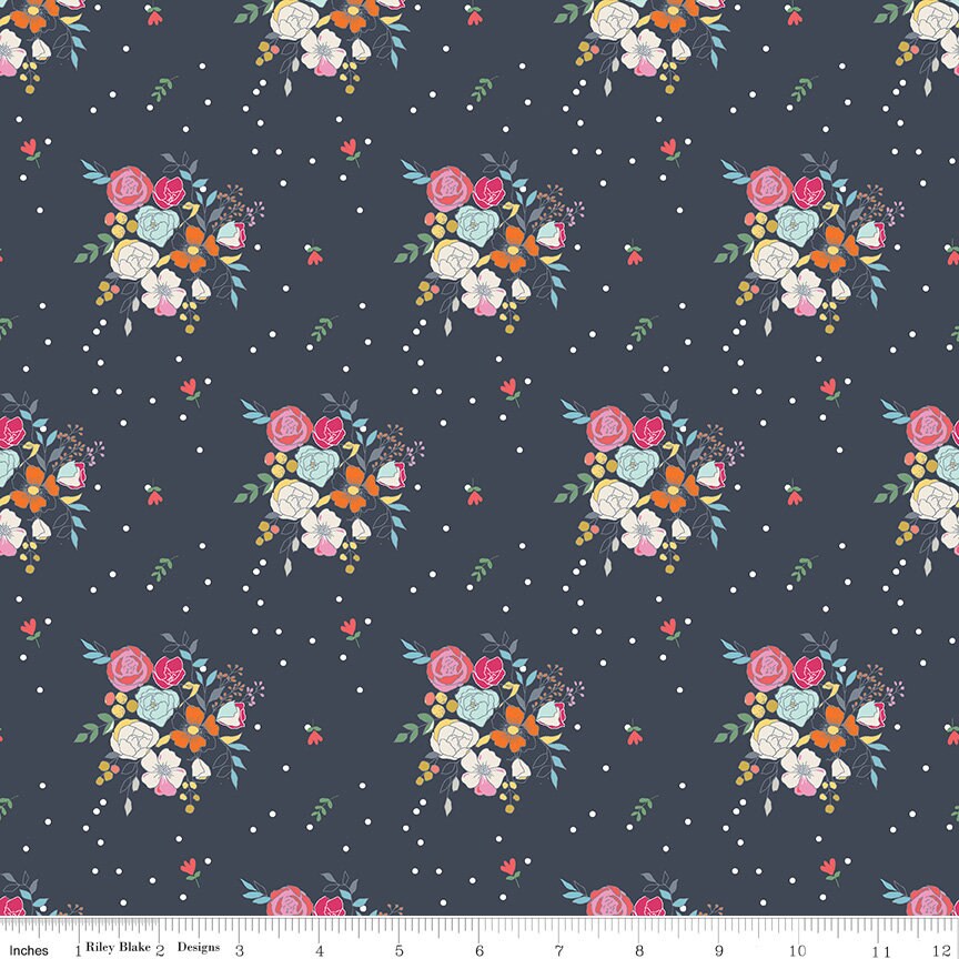 LAST CALL Idyllic Rolie Polie, Riley Blake RP-9880-40, Precut 2.5" Inch Fabric Strips, Pink Coral Navy Floral Fabric, Minki Kim