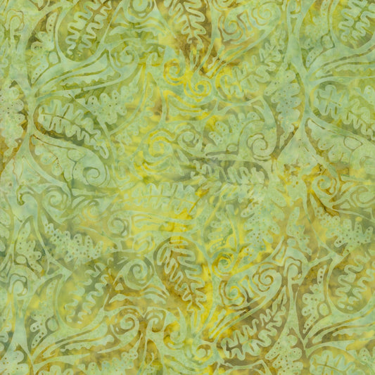 LAST CALL Tonga Batiks Persimmon - Twirling Leaves Green Tonal Batik Fabric, Timeless Treasures B7674 Celery, By the Yard