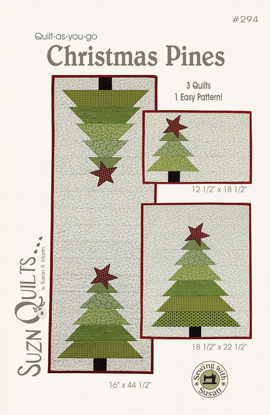 Christmas Pines Quilt Pattern, Suzn Quilts SUZ294, Quilted Christmas Xmas Tree Table Runner and Place Mats Pattern, Quilt As You Go