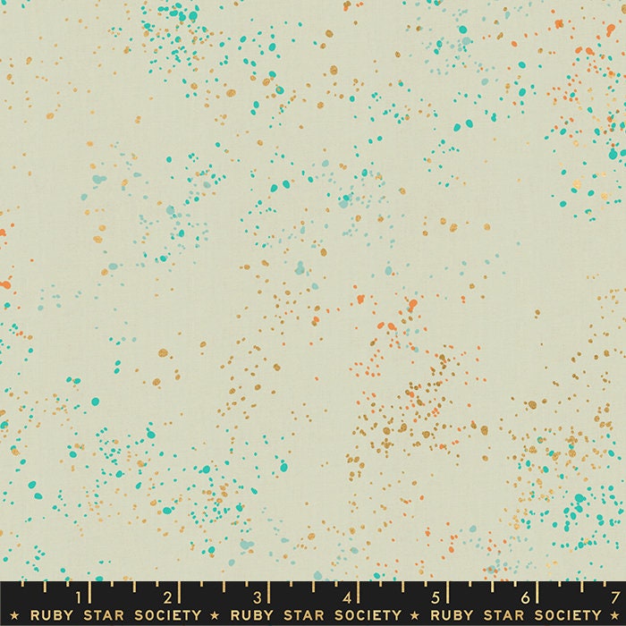 LAST CALL Speckled - Shell Gold Teal Metallic Fabric, Moda RS5027 82M, Teal Paint Spatter Background Blender Fabric, By the Yard