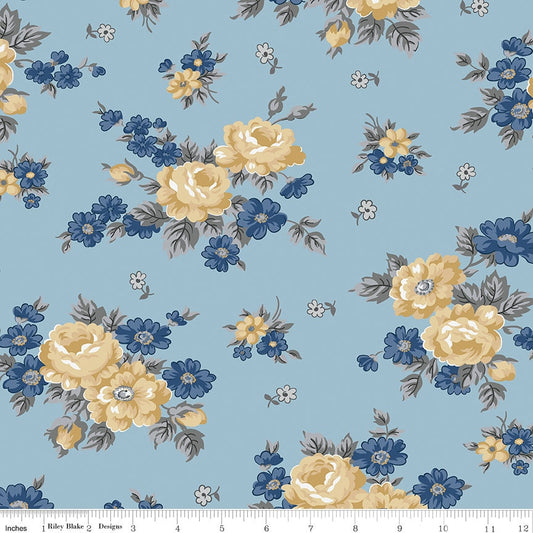 LAST CALL Delightful - Sky Blue Gold Floral Fabric, Riley Blake C10250-Blue, Blue Yellow Gray Floral Flowers Fabric, By the Yard