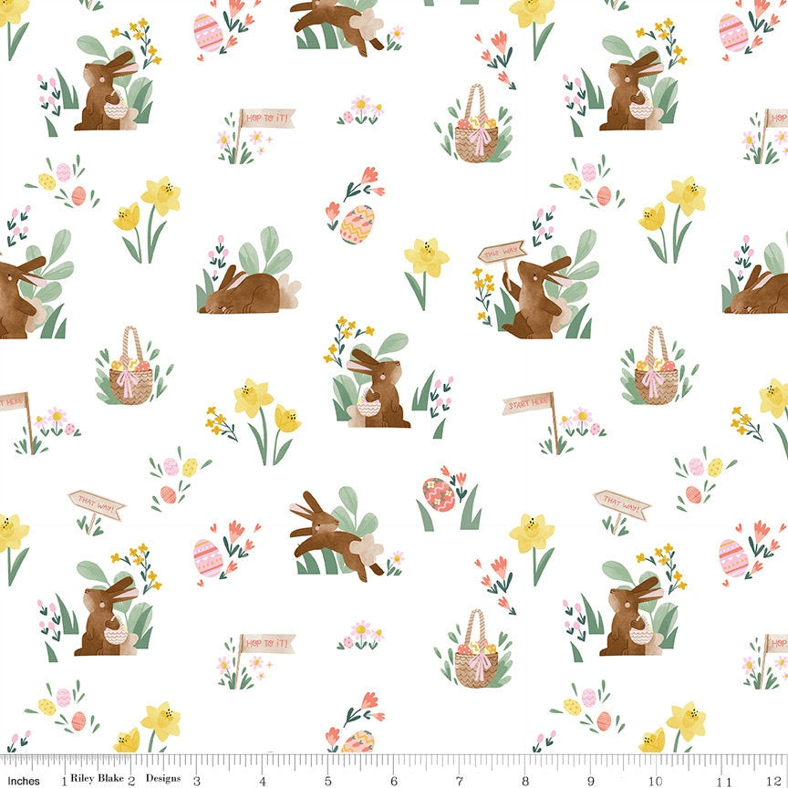REMNANT - 33" of Easter Egg Hunt - Main White Easter Bunny Fabric, Riley Blake C10270-WHTE, Natàlia Juan Abelló