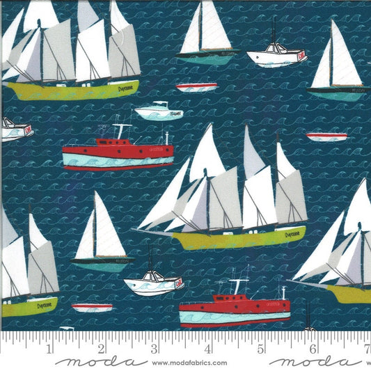 LAST CALL Lakeside Story - Sailcloth Boats Navy Sailing Ships Fabric, Moda 13352 12, Nautical Coastal Living Fabric, By the Yard