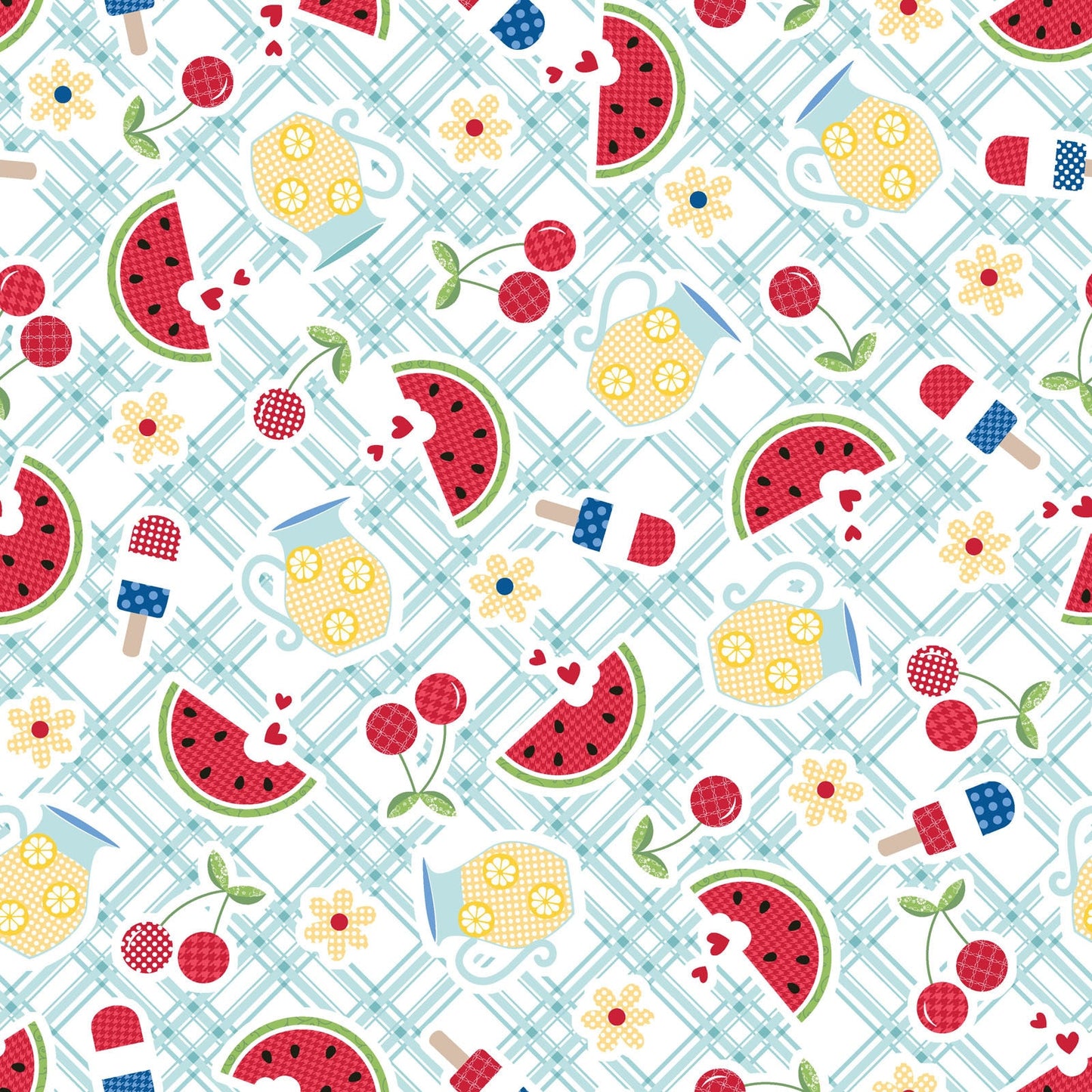 LAST CALL Red White and Bloom - Picnic Table Aqua Fabric, Maywood Studio MAS9902-Q, Independence Day Fabric, By the Yard