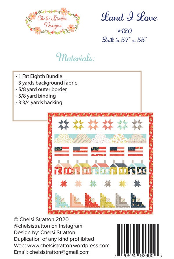 Land I Love Quilt Pattern, Chelsi Stratton Designs CSD120, 30 Fat Eighths F8 Friendly, Patriotic Sampler Row House Quilt