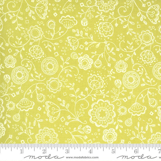 LAST CALL Cottage Bleu - Floral Fling Sunlit Chartreuse Green White Floral Quilt Fabric, Moda 48692 22, Robin Pickens, By the Yard