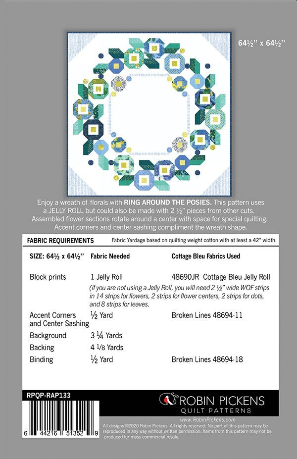 Ring Around the Posies Quilt Pattern, Robin Pickens RPQP-RAP133, Jelly Roll Friendly, Square Throw Quilt Pattern, Flower Wreath Quilt