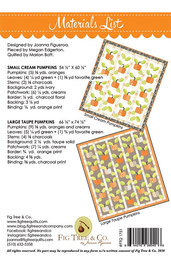 LAST CALL Pumpkin Farm Quilt Pattern, Fig Tree Quilts FTQ1751, Autumn Fall Harvest Pumpkin Throw Quilt Pattern, Yardage Friendly