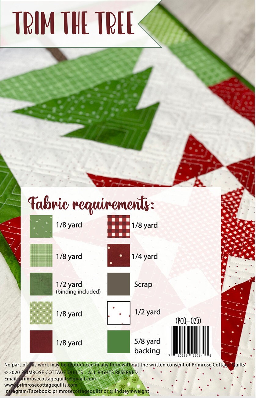 Trim the Tree Quilt Pattern, Primrose Cottage Quilts PCQ-025, Yardage Friendly, Christmas Xmas Trees Table Runner Quilt Pattern
