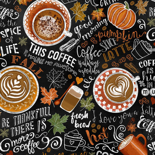Rise and Grind - Pumpkin Spiced Latte Autumn Fall Coffee Themed Fabric, Timeless Treasures GAIL-C7034, By the Yard
