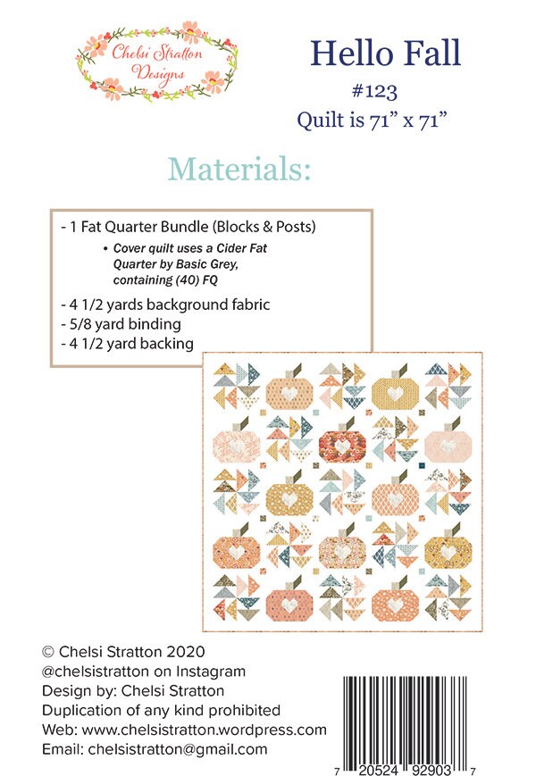 Hello Fall Throw Quilt Pattern, Chelsi Stratton Designs CSD123, FQ Quarter Friendly, Fall Pumpkins Quilt Pattern, Square Picnic Quilt