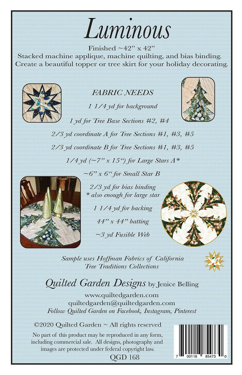 Luminous Quilt Pattern, Quilted Garden Designs QGD168, Christmas Trees Table Topper or Tree Skirt Pattern, Applique Quilt Pattern