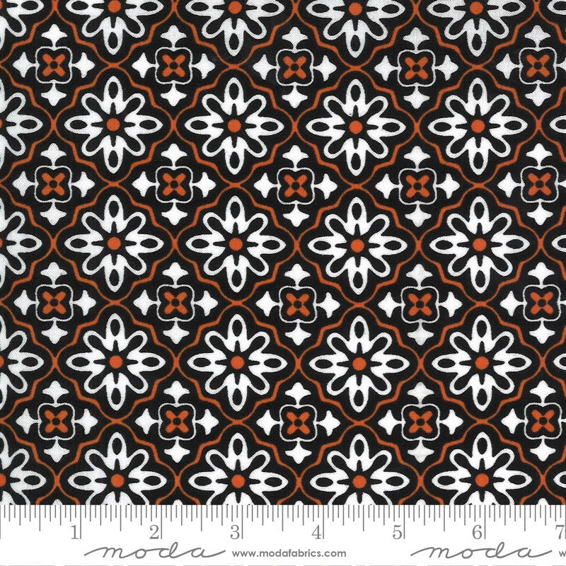 LAST CALL Midnight Magic 2 - Halloween Flower Tile Fabric, Moda 24101 18, Black Orange White Halloween Fabric, Rosenthal, By the Yard