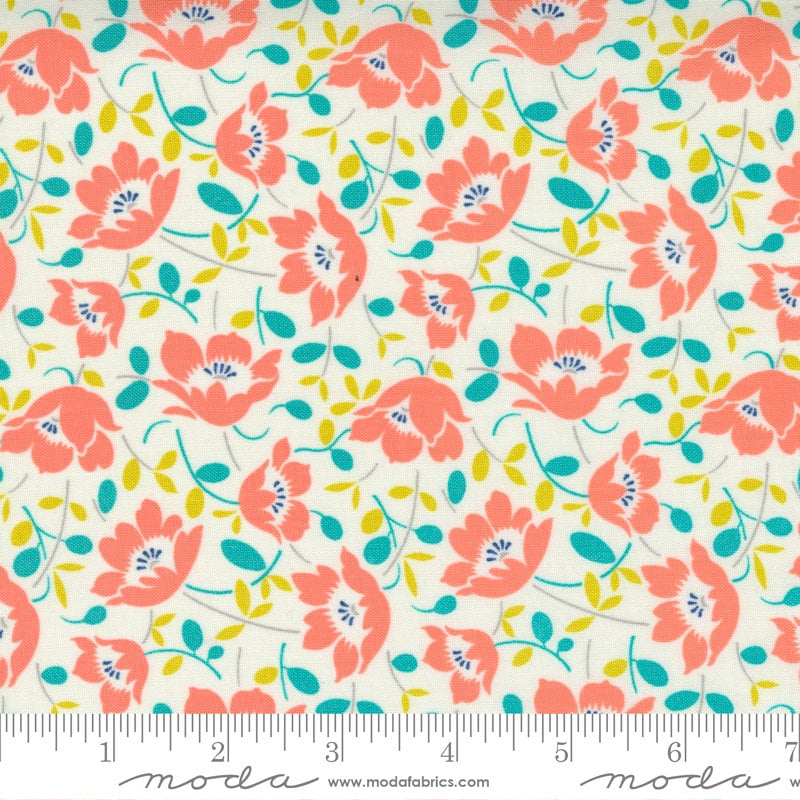 LAST CALL Morning Light Layer Cake, Moda 23340LC, 10" Inch Precut Fabric Squares, Blue Teal Coral Gray Floral Fabric, Linzee Kull McCray
