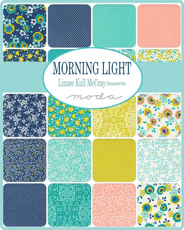 LAST CALL Morning Light Layer Cake, Moda 23340LC, 10" Inch Precut Fabric Squares, Blue Teal Coral Gray Floral Fabric, Linzee Kull McCray